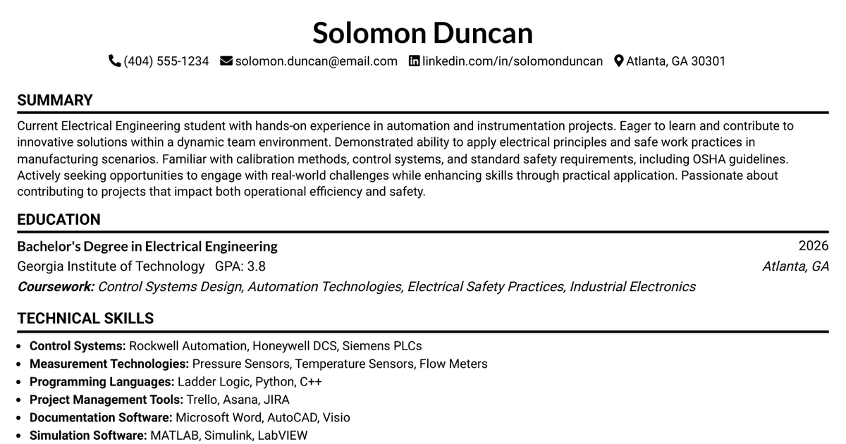 33 Electrical & Instrumentation Intern Resume Templates with Example 2026 (ATS-Optimized)