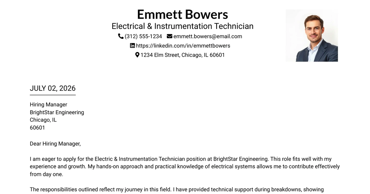 30+ Electrical & Instrumentation Technician Cover Letter Templates with Example 2026