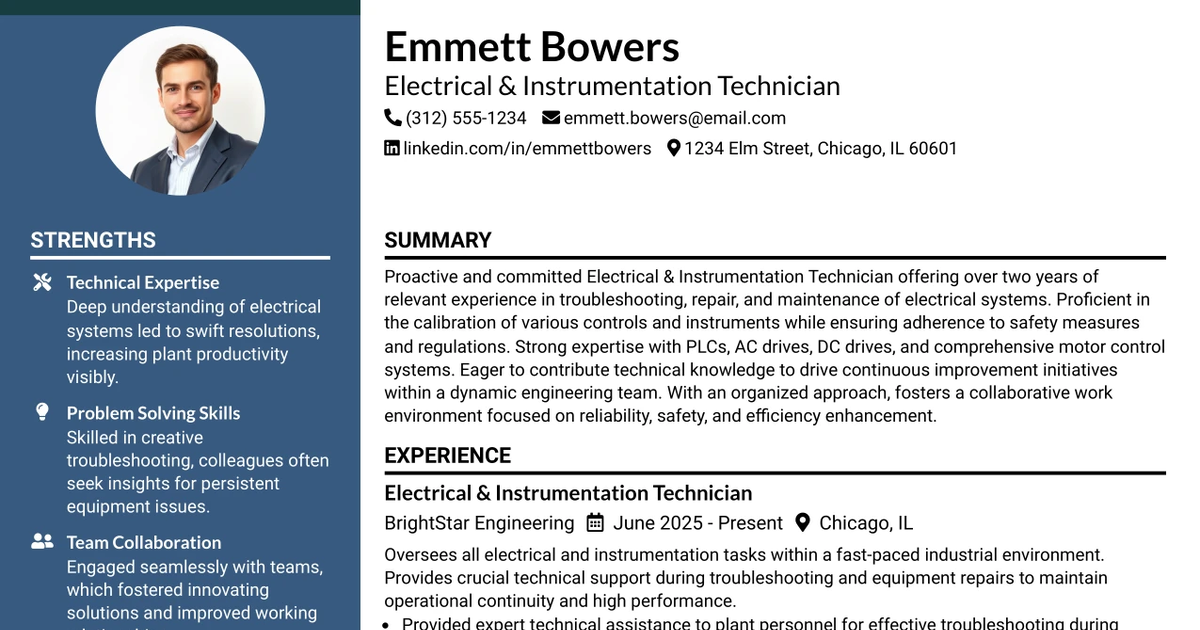 33 Electrical & Instrumentation Technician Resume Templates with Example 2026 (ATS-Optimized)