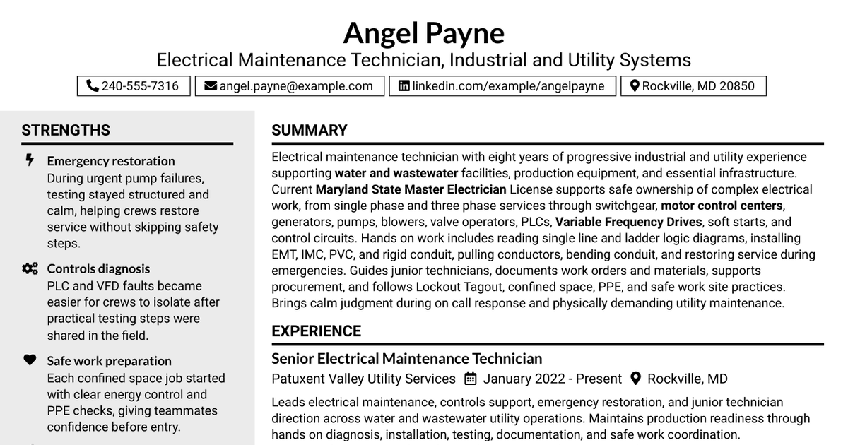 7 Electrical Maintenance Technician I-IV Resume Templates with Example