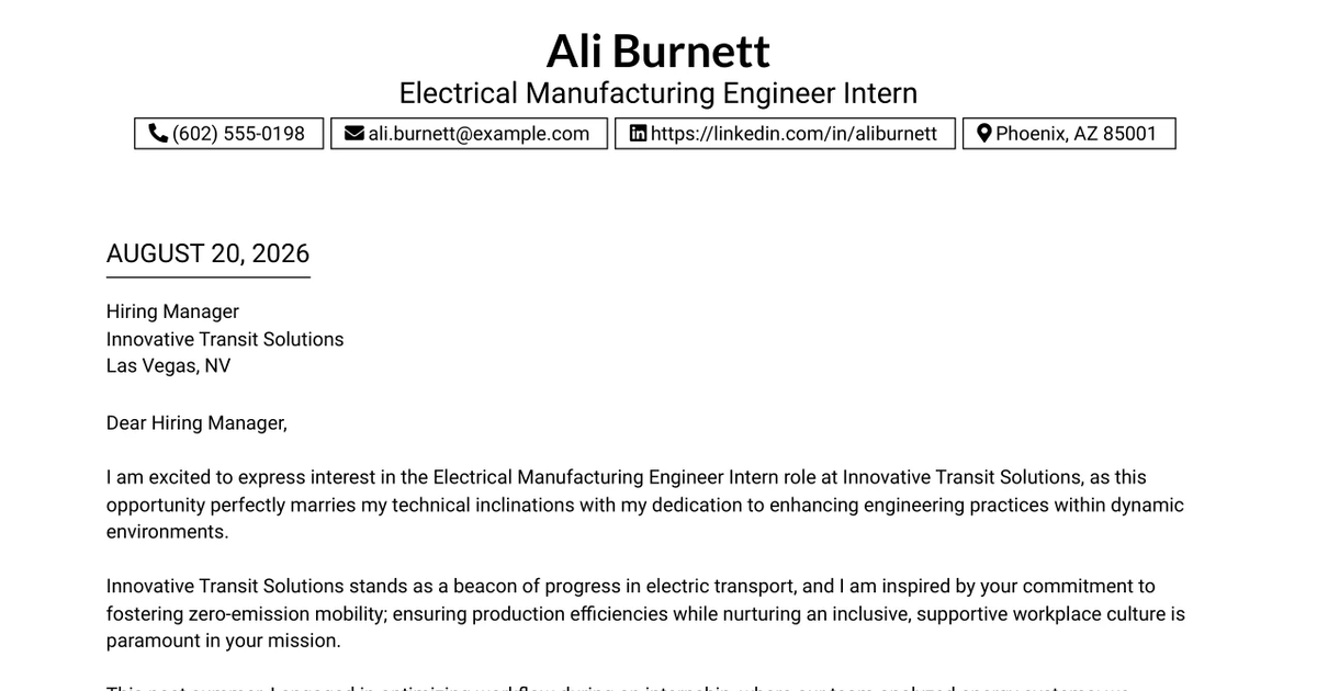 30+ Electrical Manufacturing Engineer Intern Cover Letter Templates with Example 2026