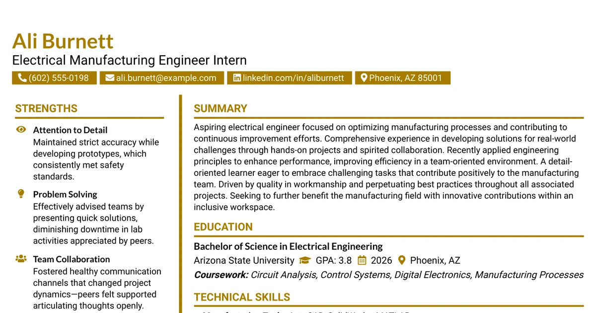 33 Electrical Manufacturing Engineer Intern Resume Templates with Example 2026 (ATS-Optimized)