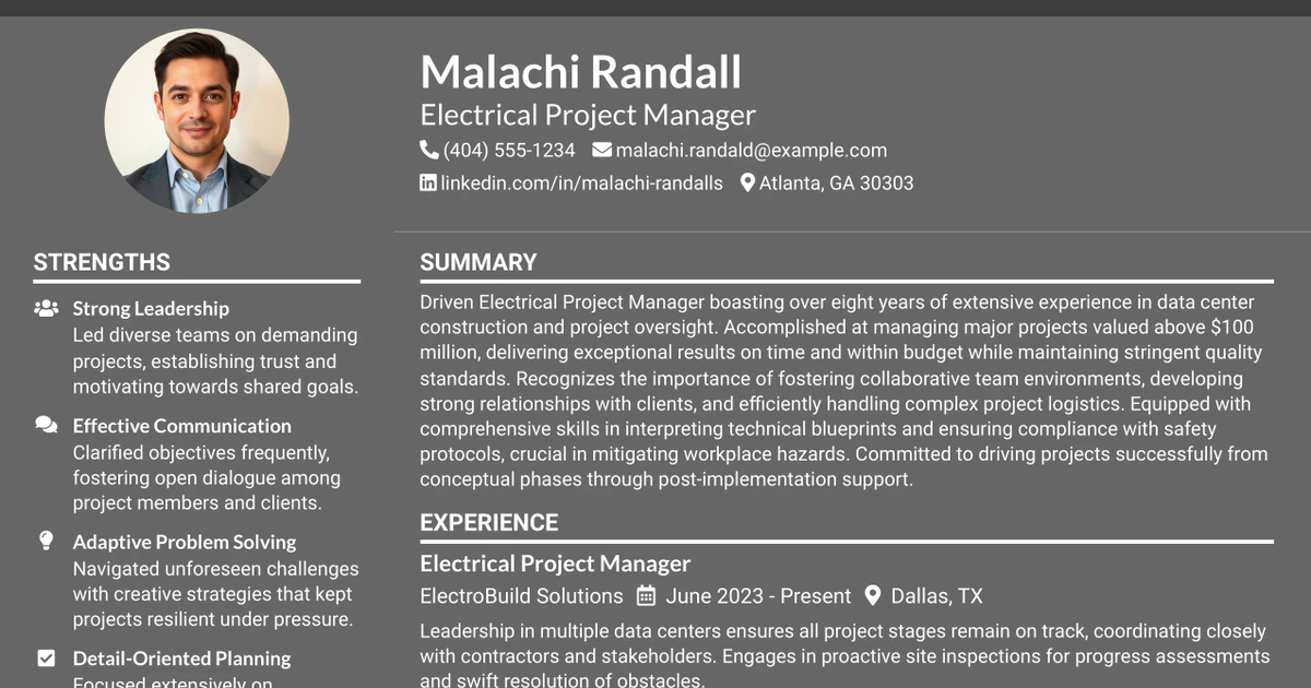 33 Electrical Project Manager Resume Templates with Example 2026 (ATS-Optimized)
