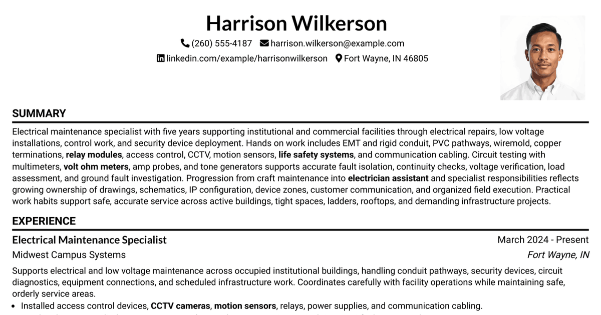 7 Electrical Specialist (Electrician Assistant) Resume Templates with Example