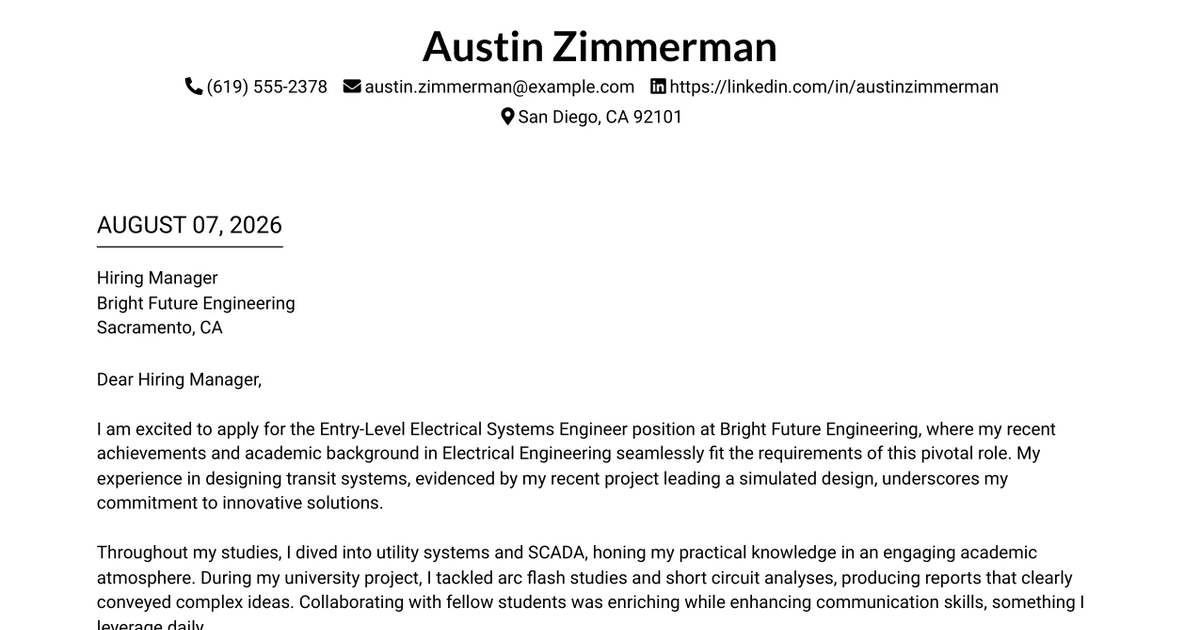 30+ Electrical Systems Engineer - Entry Level Cover Letter Templates with Example 2026