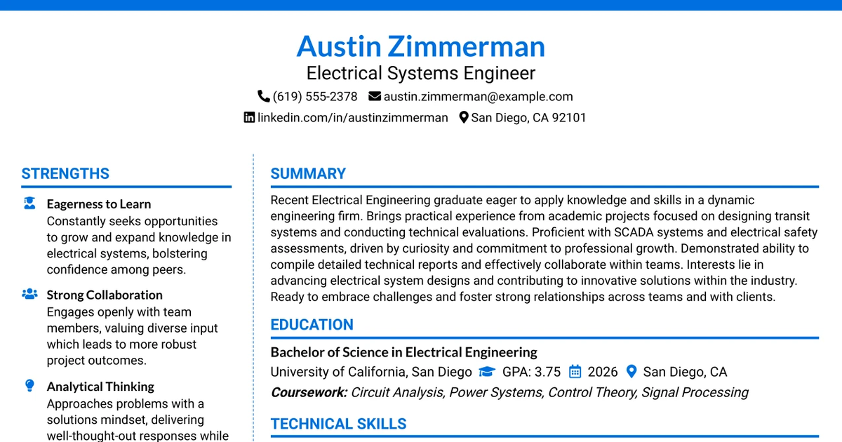 33 Electrical Systems Engineer - Entry Level Resume Templates with Example 2026 (ATS-Optimized)
