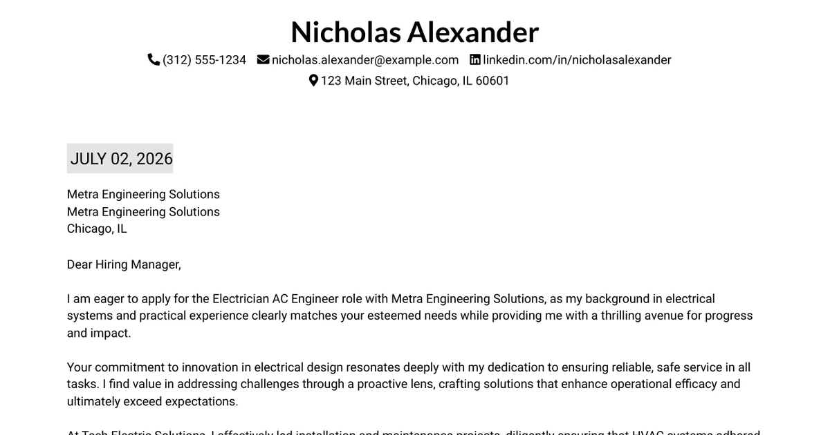 30+ Electrician AC Engineer Cover Letter Templates with Example 2026