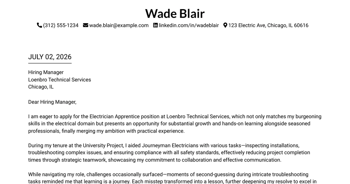 30+ Electrician Apprentice Cover Letter Templates with Example 2026