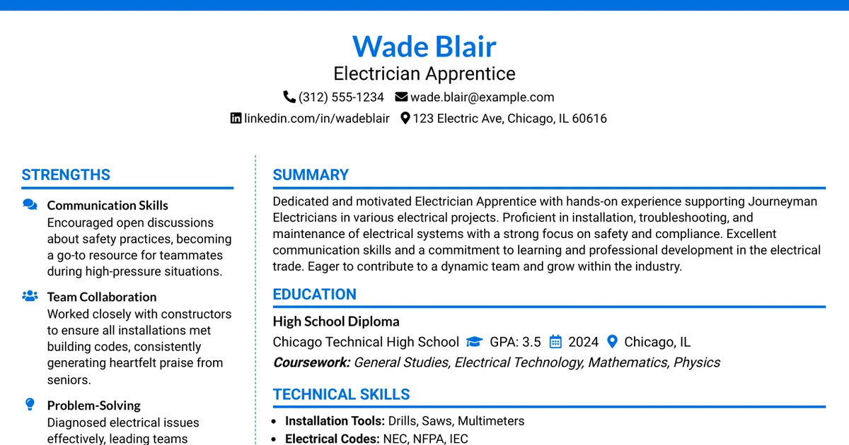 33 Electrician Apprentice Resume Templates with Example 2026 (ATS-Optimized)