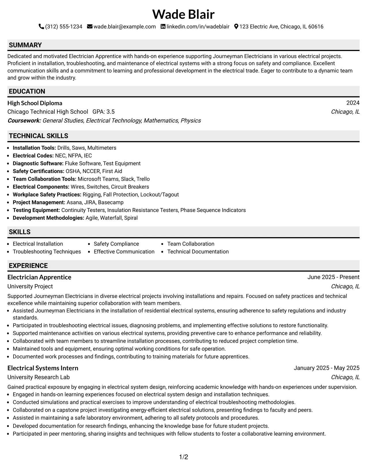 Resume Example Page 1