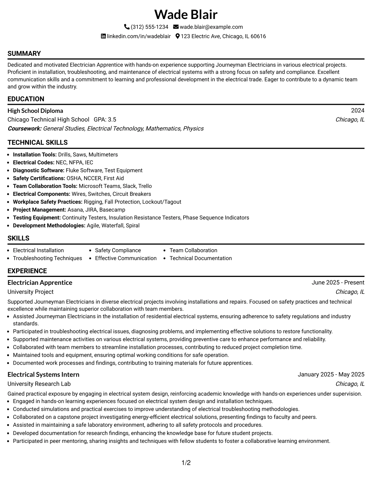 Resume Example Page 1