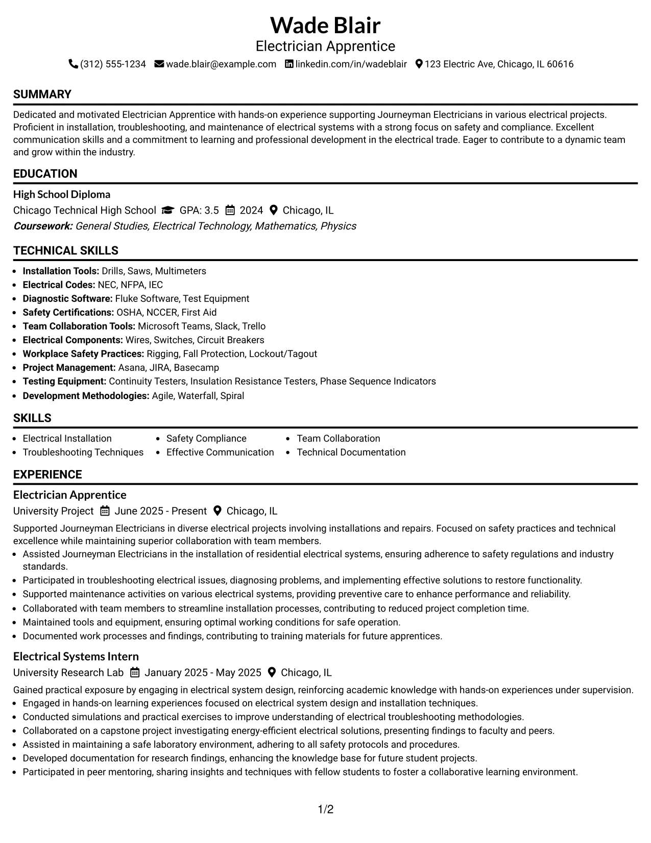 Resume Example Page 1