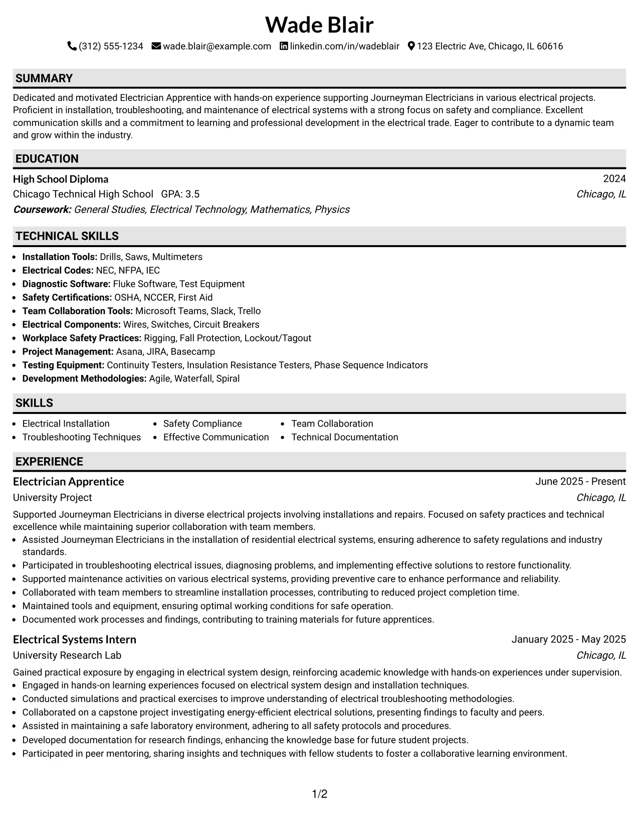 Resume Example Page 1