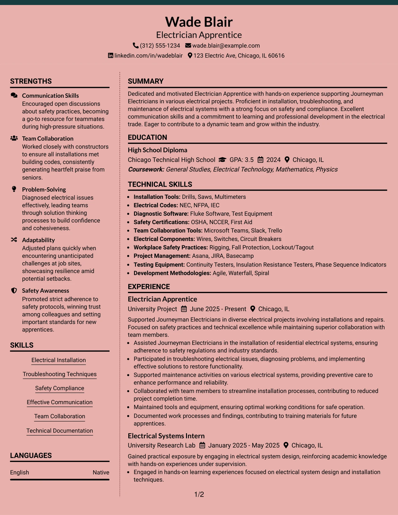 Resume Example Page 1
