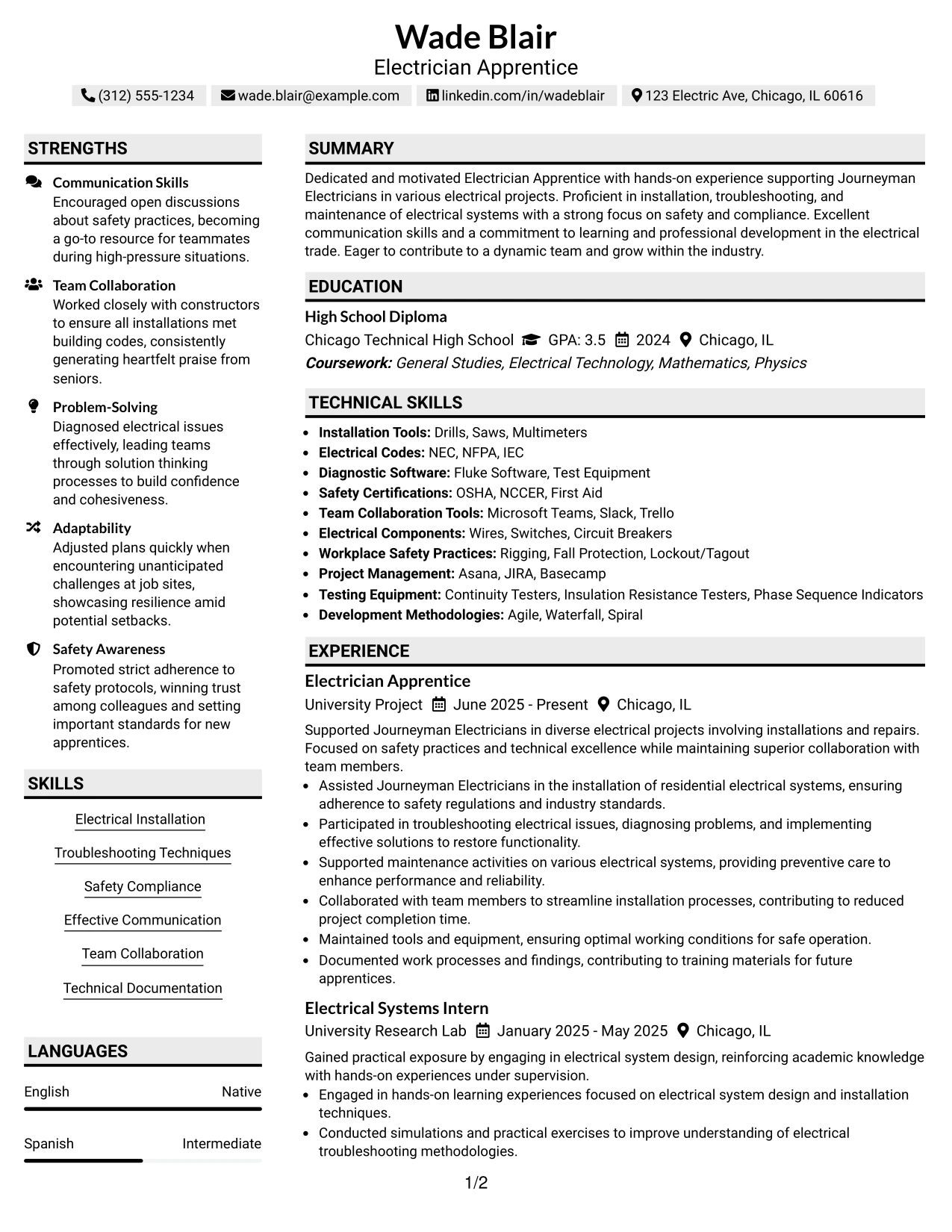 Resume Example Page 1