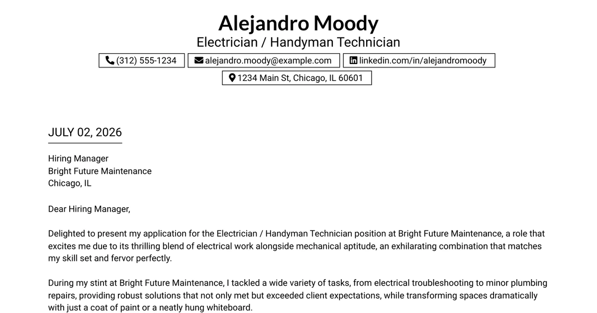 30+ Electrician / Handyman Technician Cover Letter Templates with Example 2026