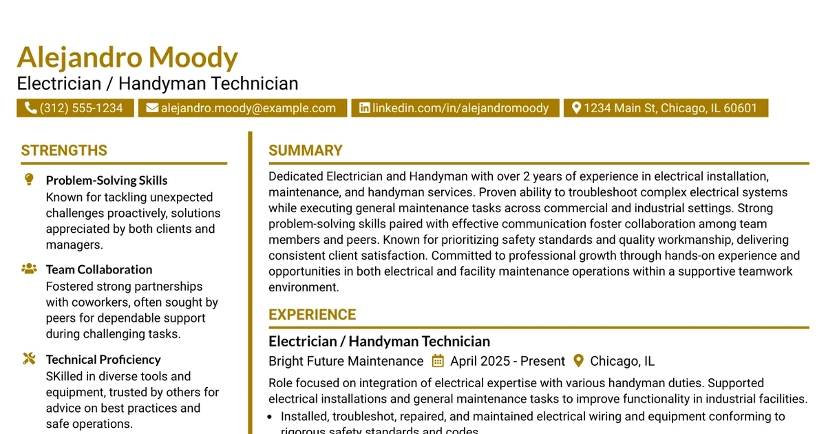 33 Electrician / Handyman Technician Resume Templates with Example 2026 (ATS-Optimized)