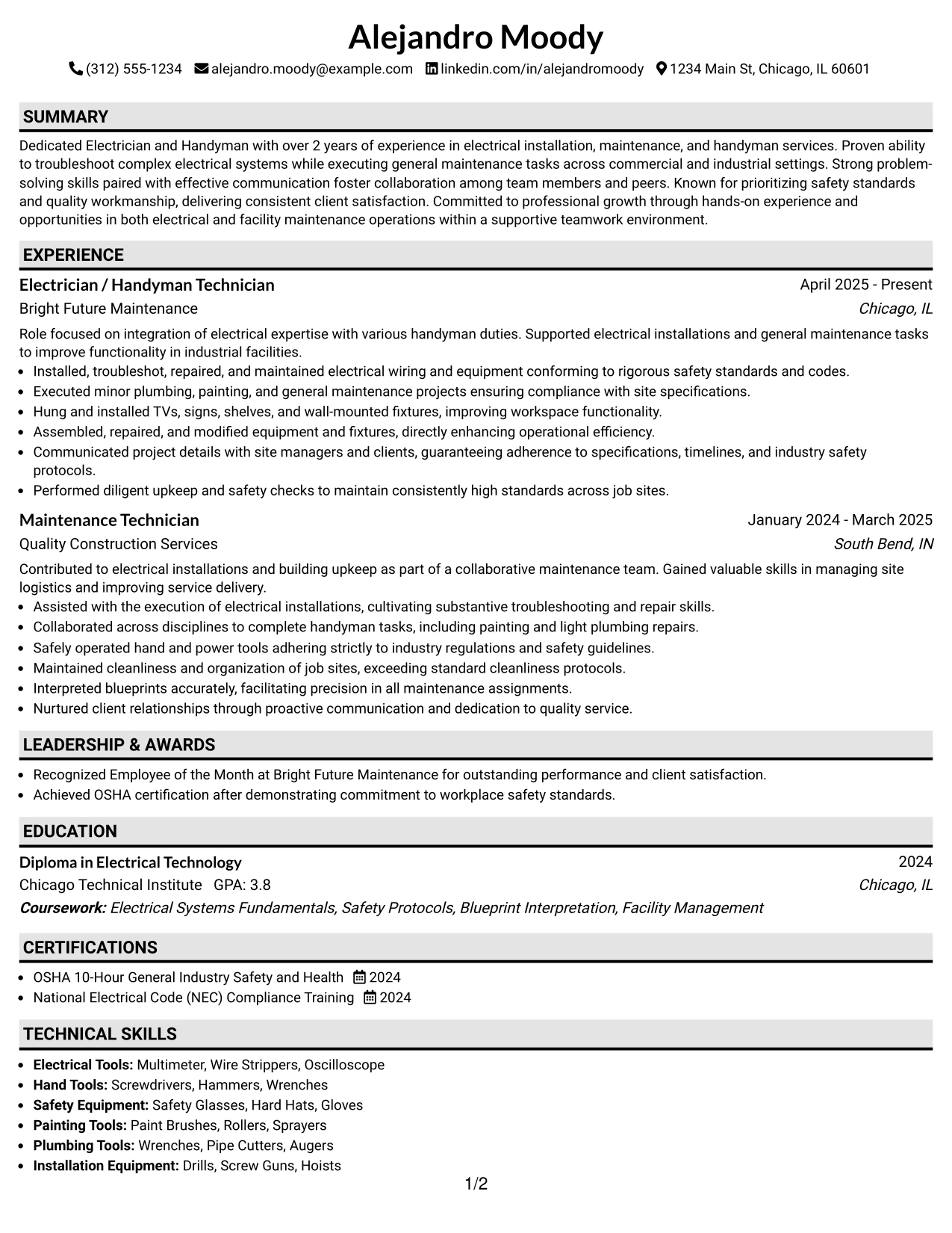 Resume Example Page 1
