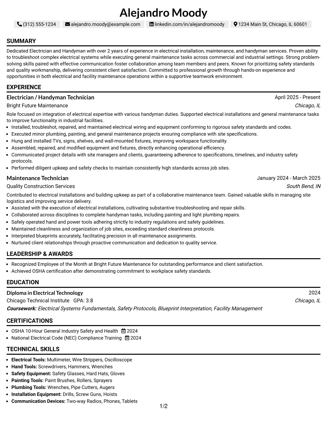 Resume Example Page 1