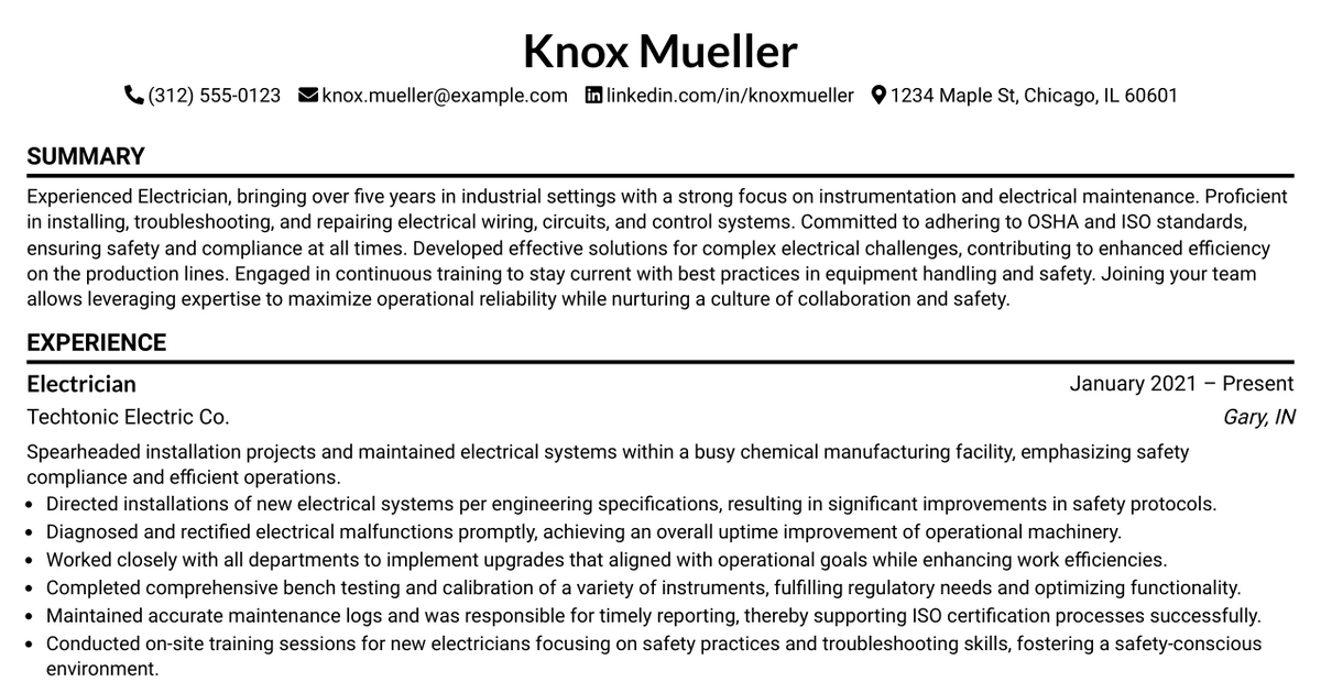 33 Electrician - Instrumentation and Electrical Resume Templates with Example 2026 (ATS-Optimized)