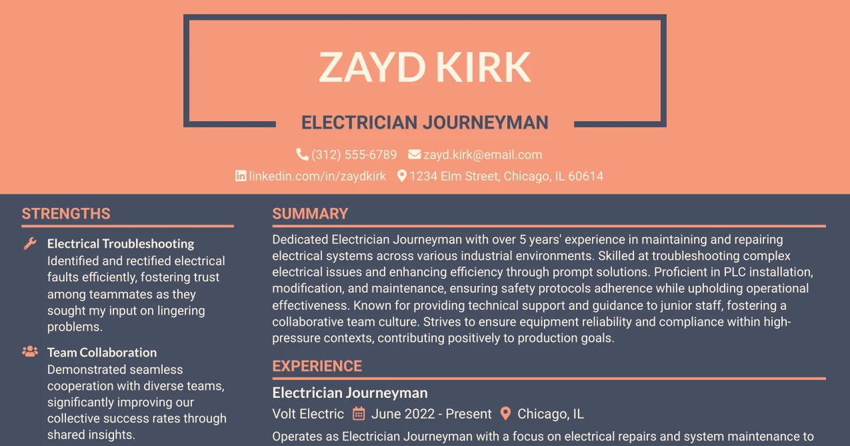 33 Electrician Journeyman Resume Templates with Example 2026 (ATS-Optimized)
