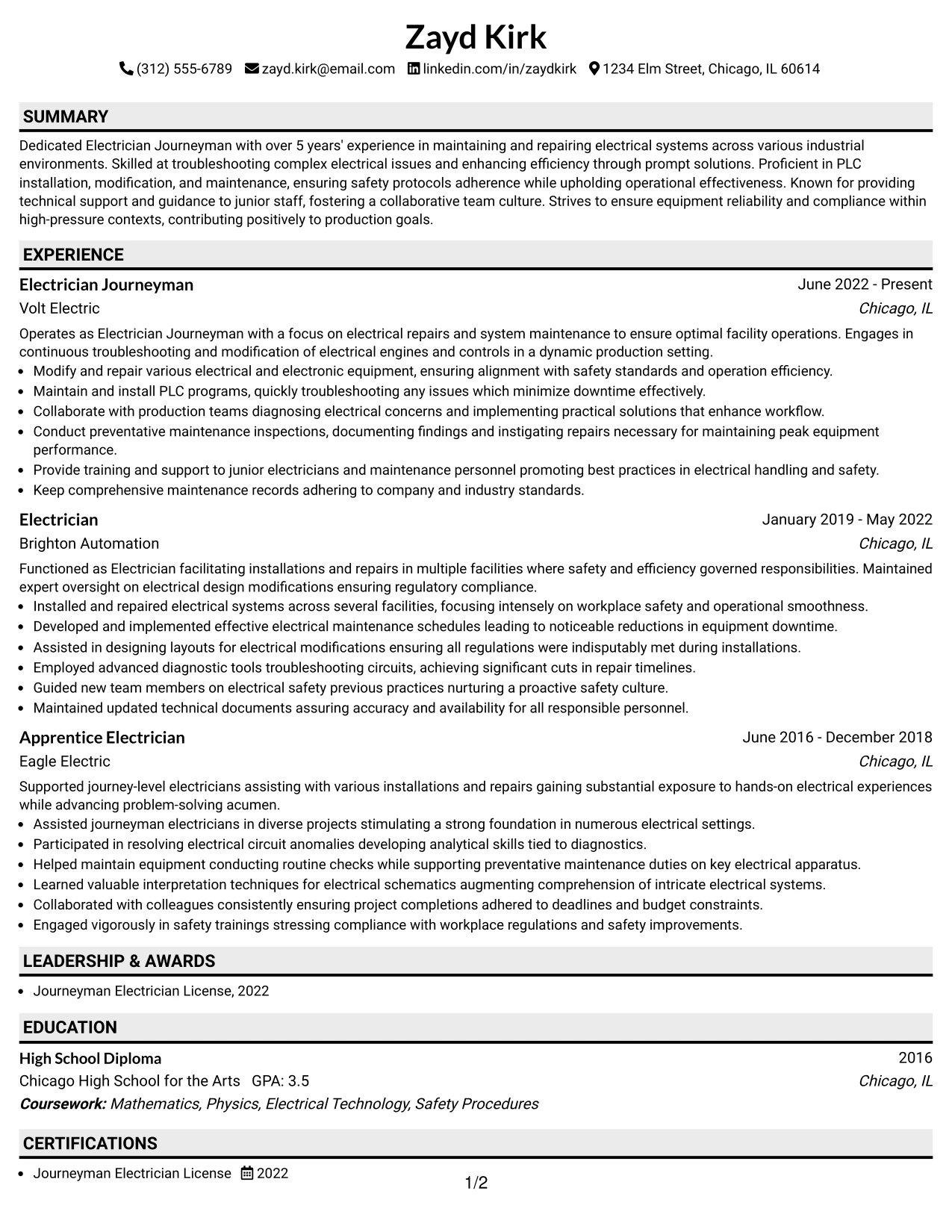 Resume Example Page 1