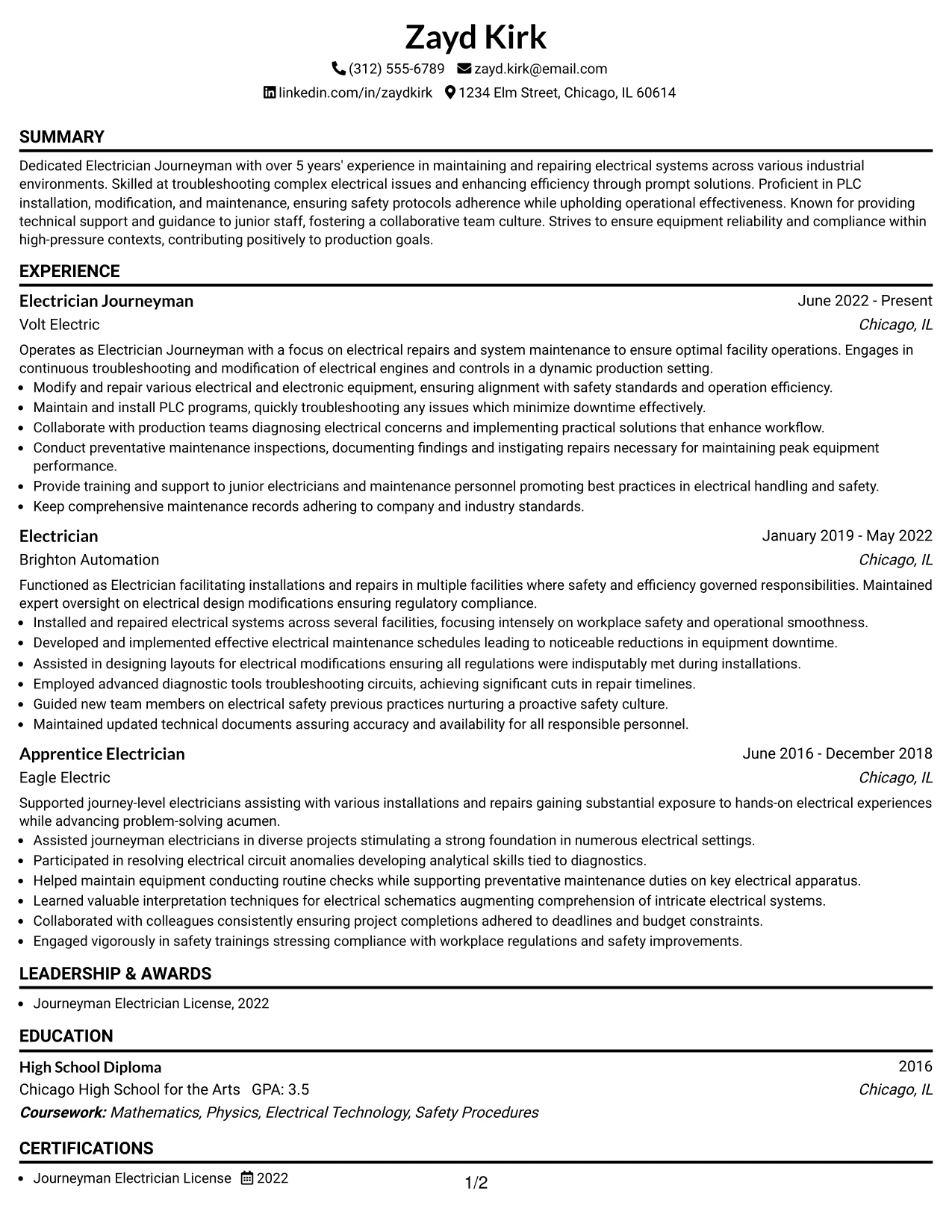Resume Example Page 1