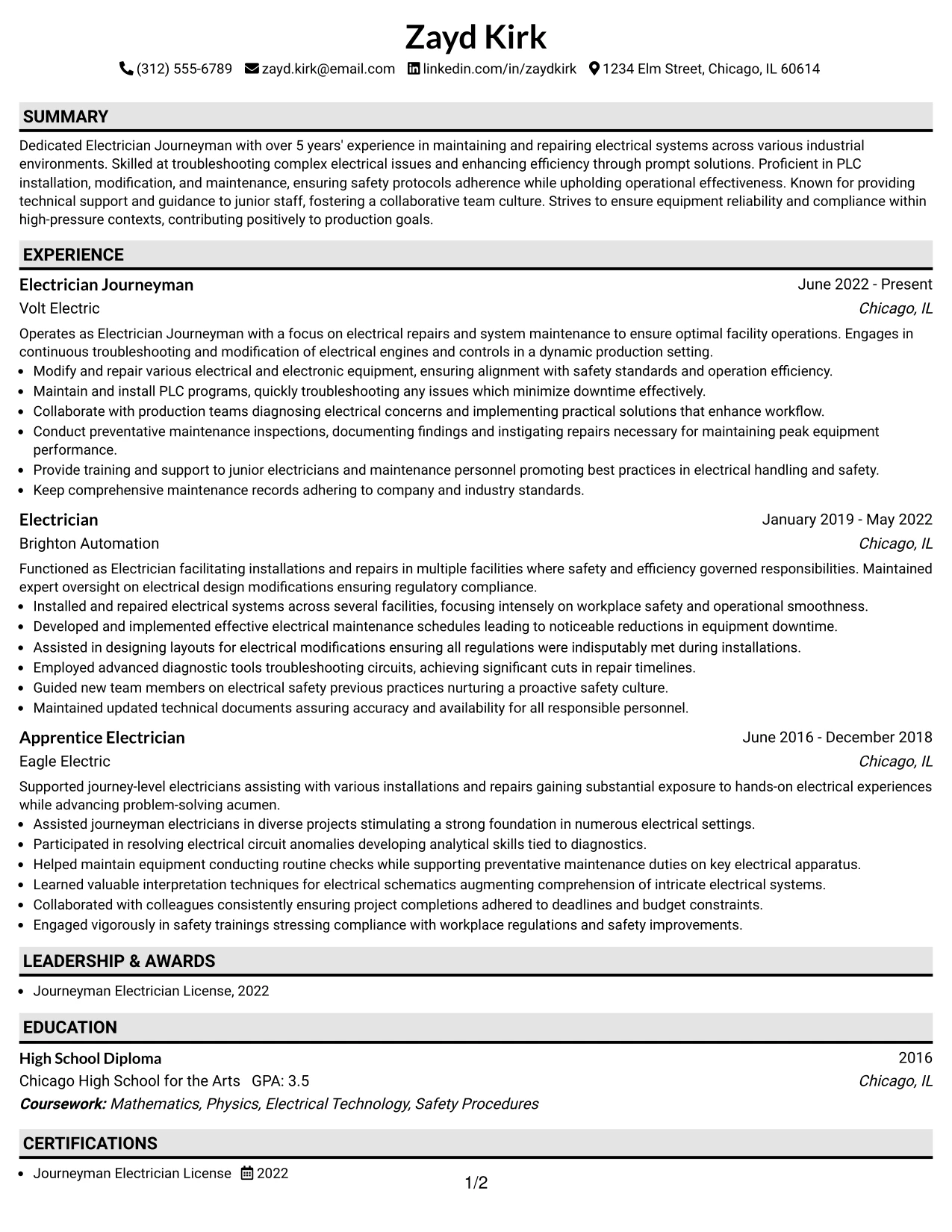 Resume Example Page 1