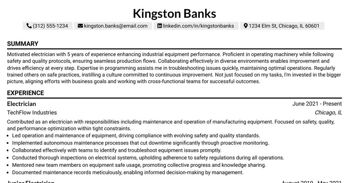 33 Electrician Resume Templates with Example 2026 (ATS-Optimized)