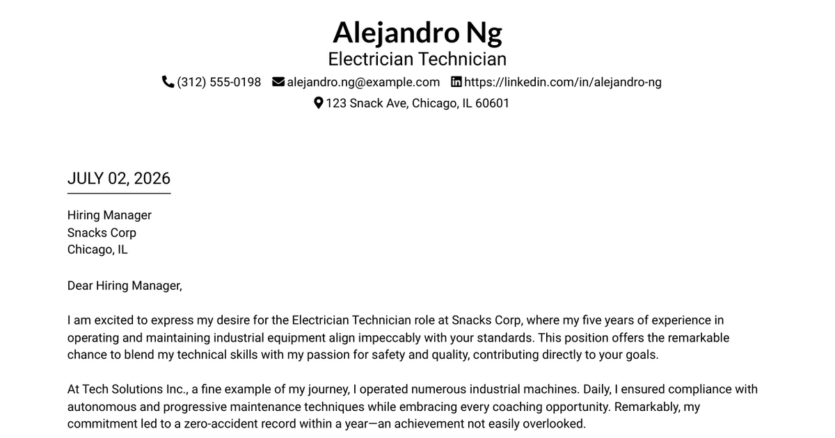 30+ Electrician Technician Cover Letter Templates with Example 2026