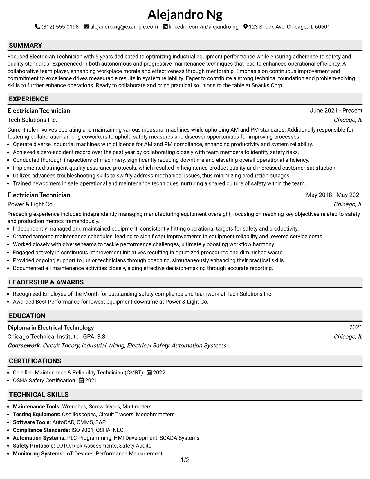 Resume Example Page 1