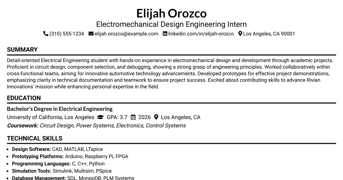 33 Electromechanical Design Engineering Intern Resume Templates with Example 2026 (ATS-Optimized)