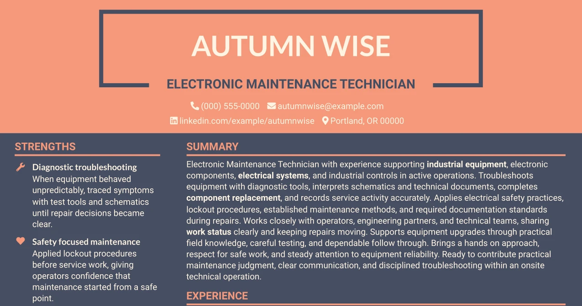 33 Electronic Maintenance Technician Resume Templates with Example