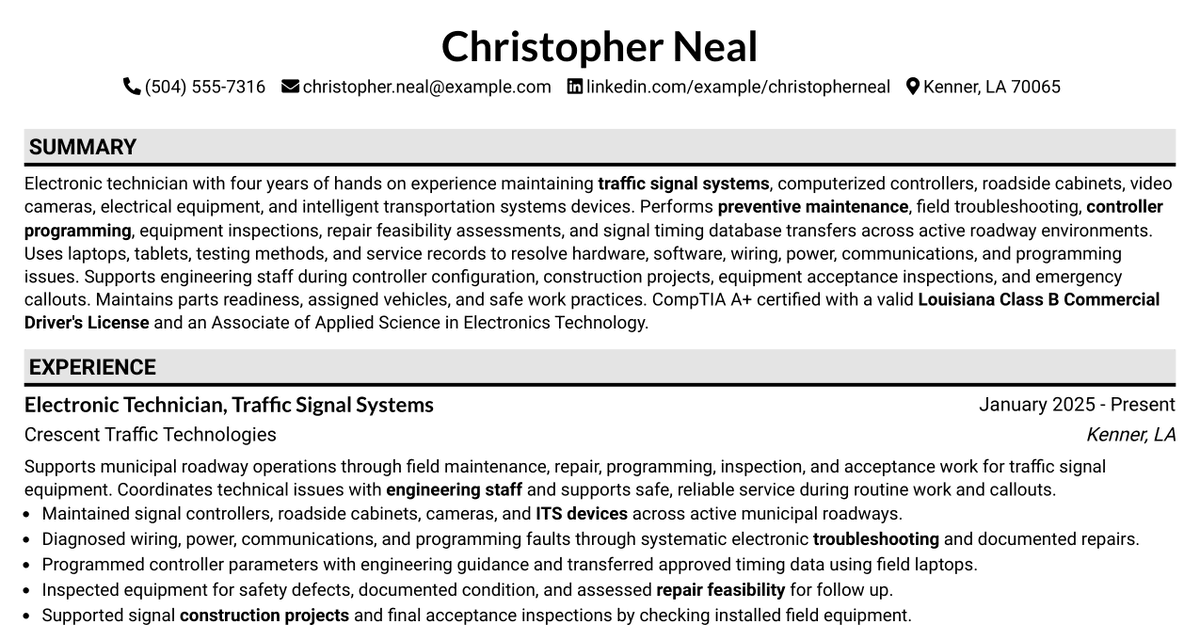7 Electronic Technician - Traffic Signal Systems Resume Templates with Example