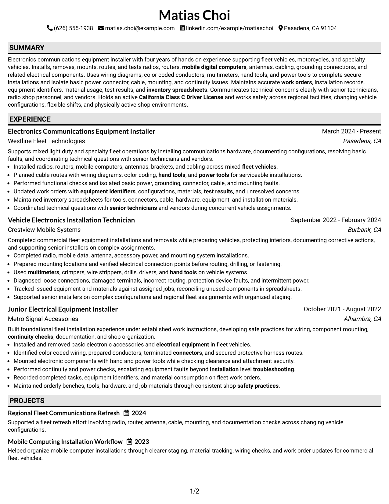 Resume Example Page 1