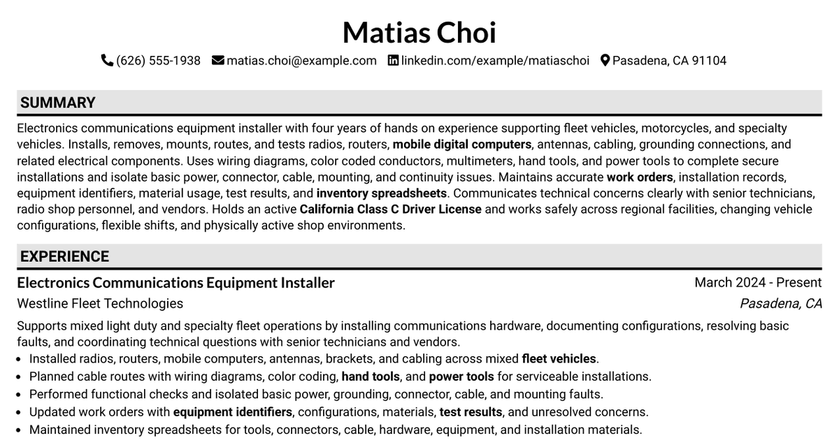 7 Electronics Communications Equipment Installer Resume Templates with Example
