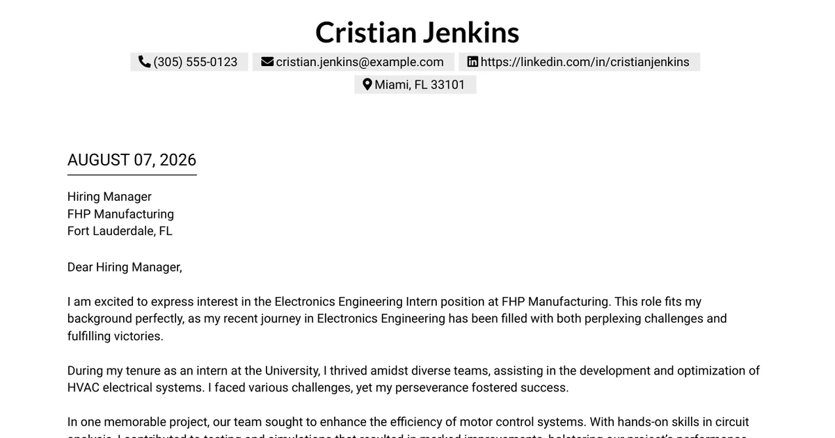 30+ Electronics Engineering Intern Cover Letter Templates with Example 2026