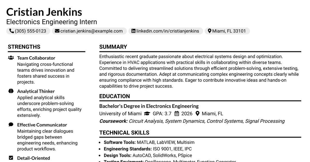 33 Electronics Engineering Intern Resume Templates with Example 2026 (ATS-Optimized)