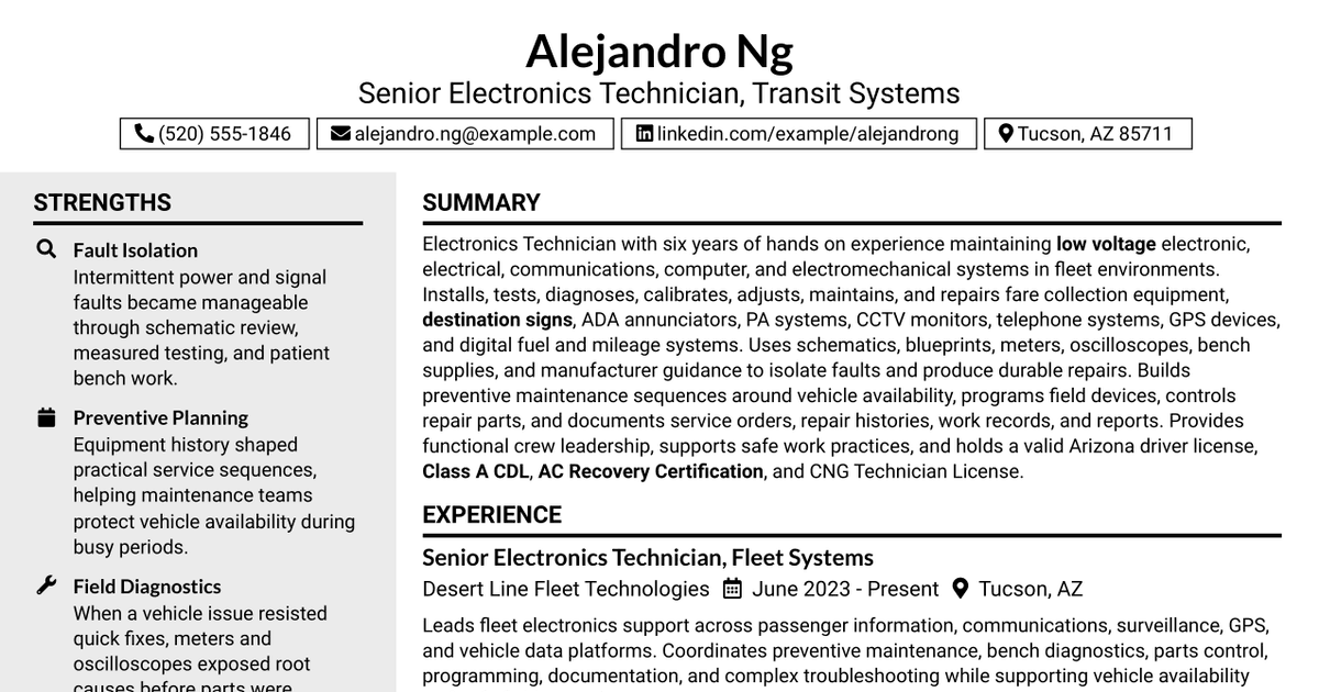 7 Electronics Technician - Transit Systems Resume Templates with Example