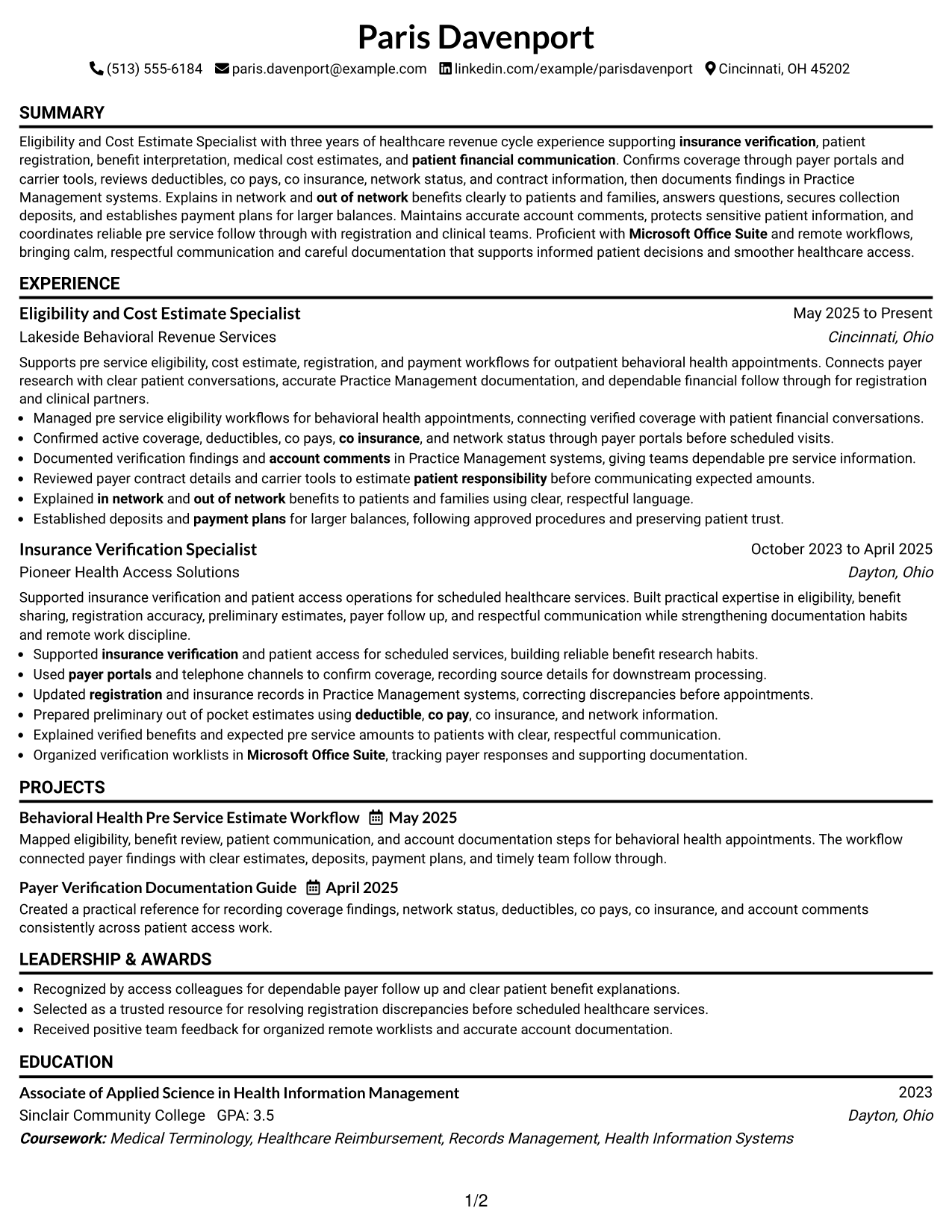 Resume Example Page 1