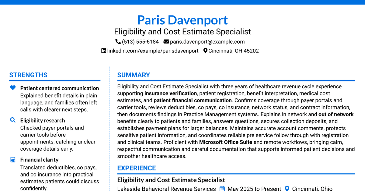 7 Eligibility and Cost Estimate Specialist Resume Templates with Example