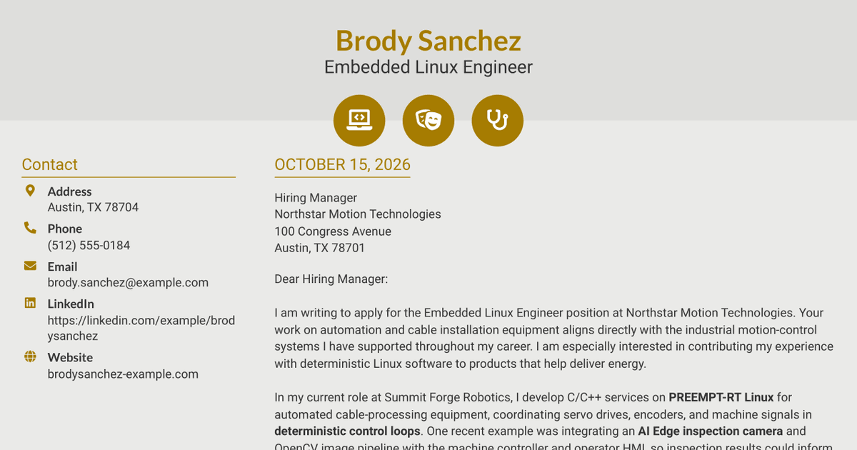 7 Embedded Linux Engineer - Industrial Motion Control Cover Letter Templates with Example