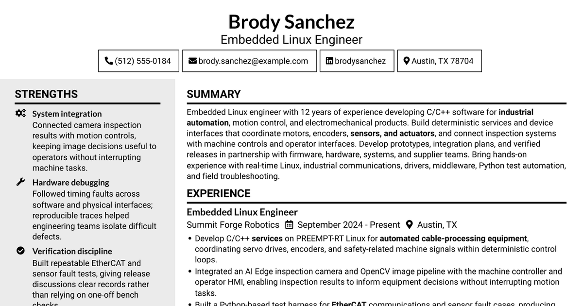 7 Embedded Linux Engineer - Industrial Motion Control Resume Templates with Example