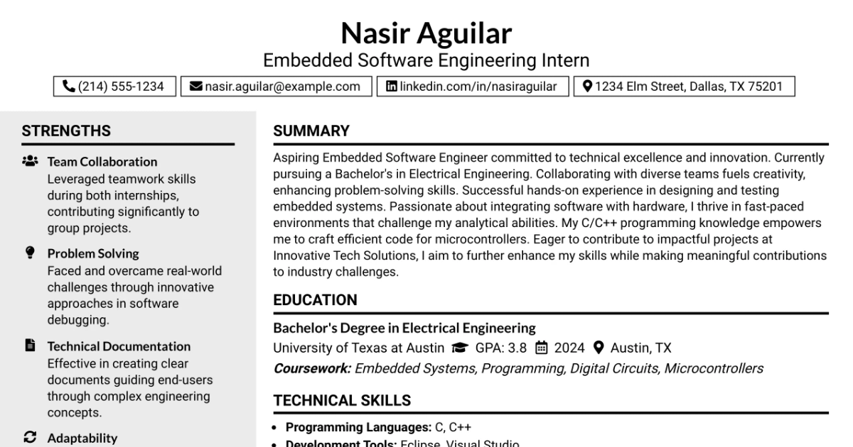 33 Embedded Software Engineering Intern Resume Templates with Example 2026 (ATS-Optimized)