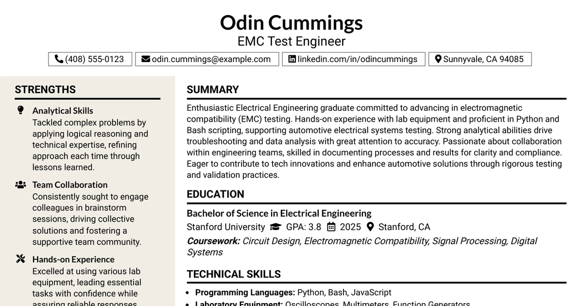 33 EMC Test Engineer (Entry Level) Resume Templates with Example 2026 (ATS-Optimized)