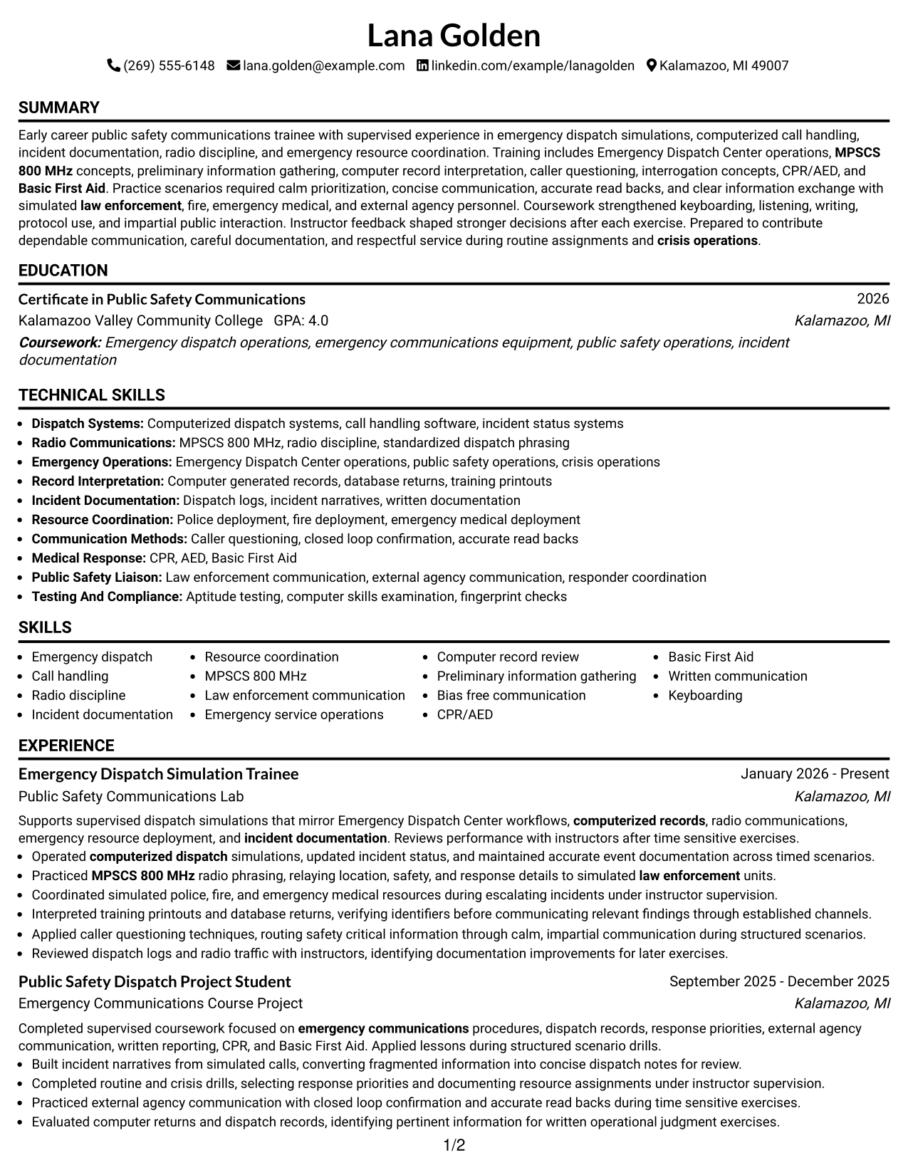 Resume Example Page 1