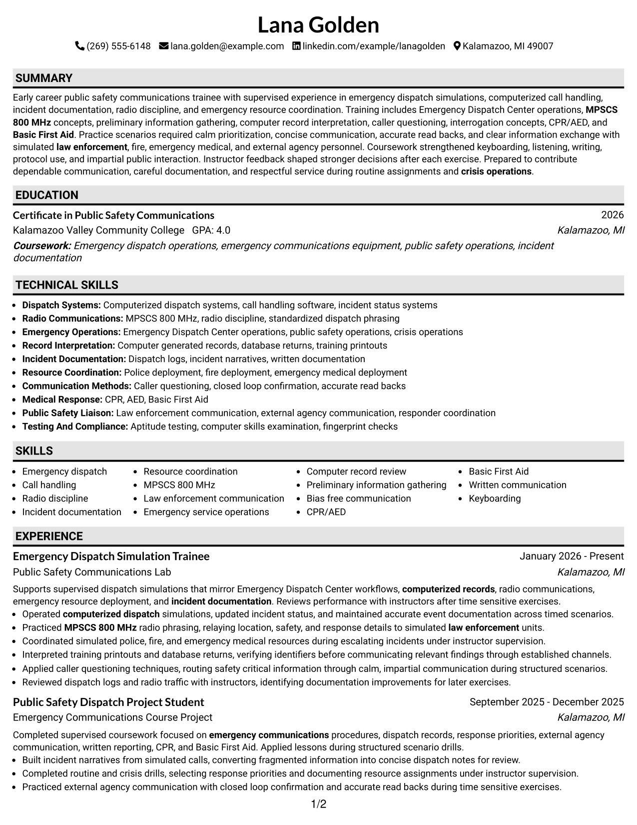 Resume Example Page 1