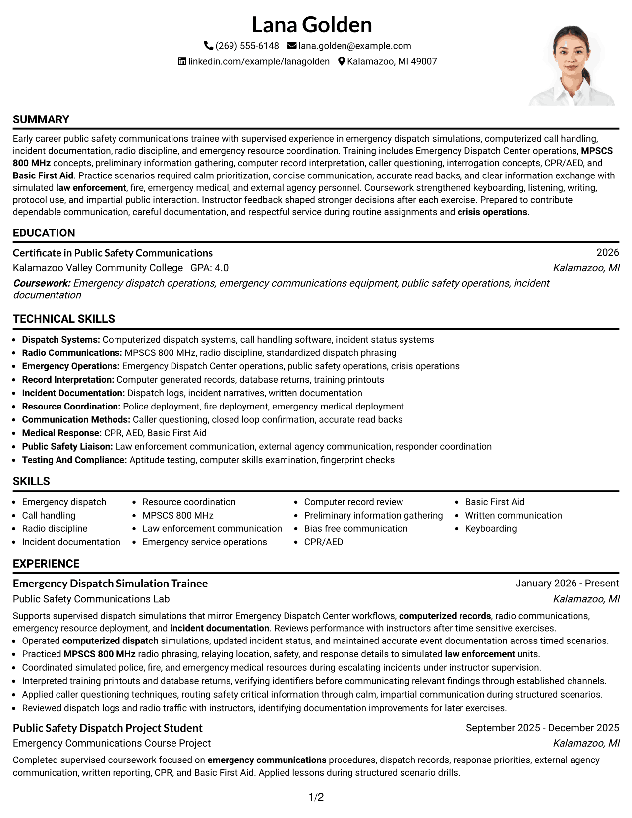 Resume Example Page 1