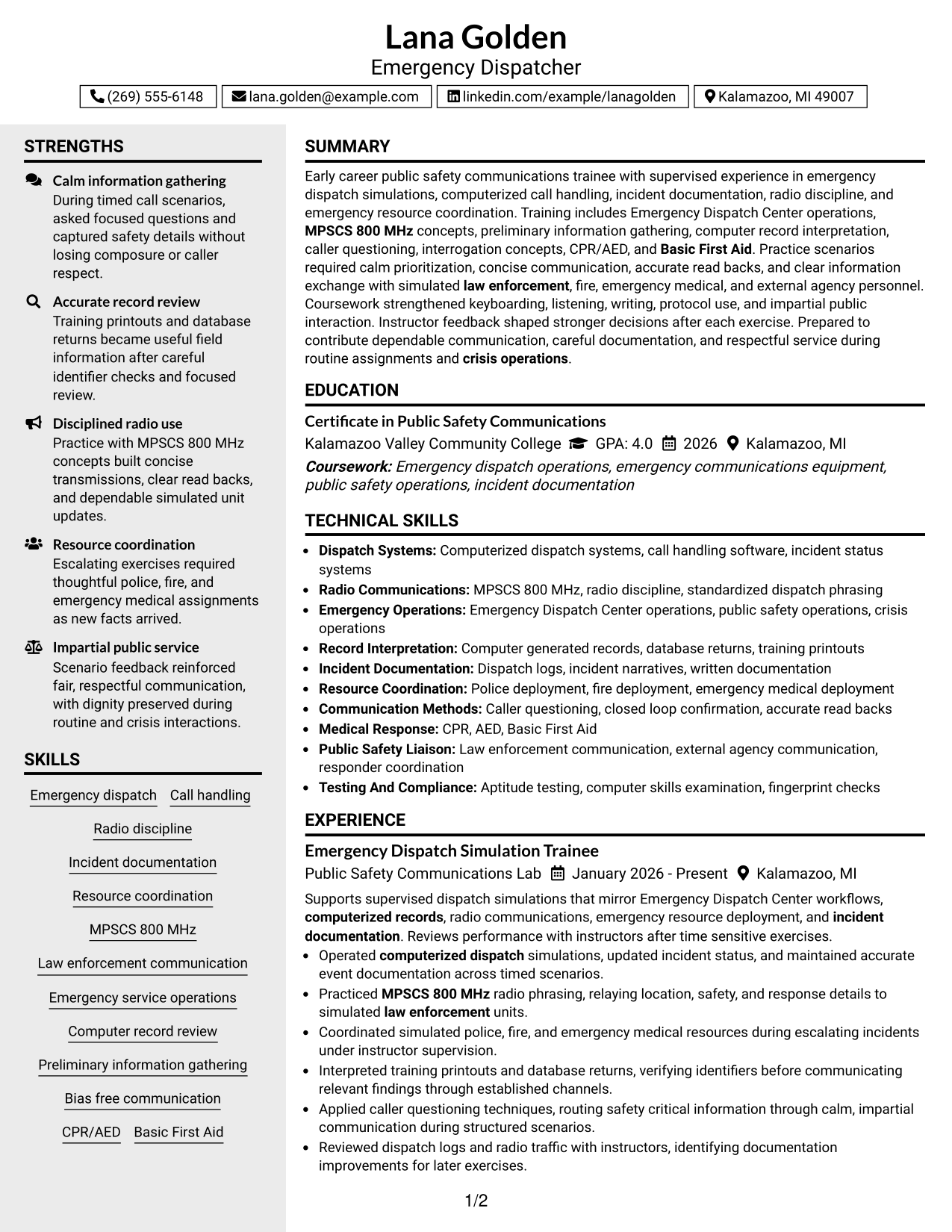 Resume Example Page 1
