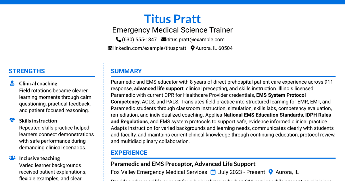 7 Emergency Medical Science Trainer Resume Templates with Example